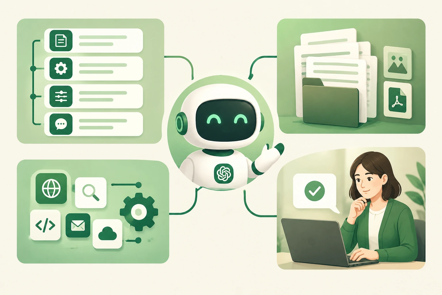 Illustration éditoriale d'un chatbot GPT personnalisé combinant des instructions, des connaissances, des actions et une validation humaine