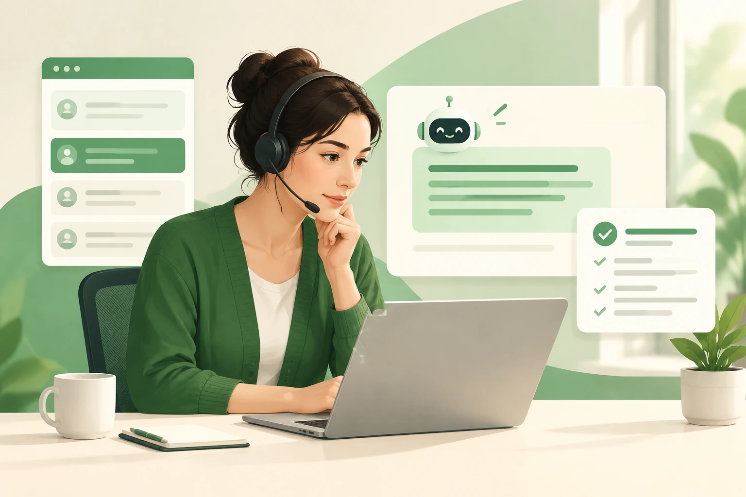 Redactionele illustratie van een AI-ondersteunde workflow die van geverifieerde kennis naar overdracht aan de mens verloopt