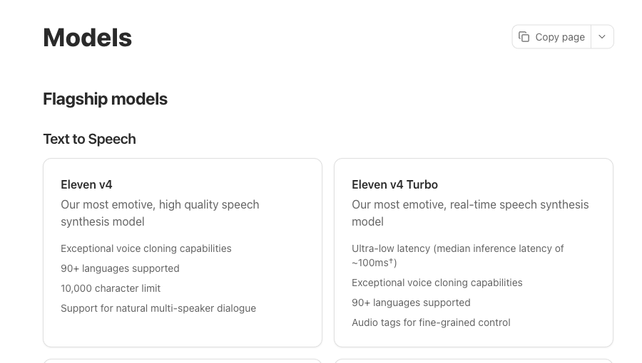 ElevenLabs official model cards positioning Eleven v4 for expressive quality and v4 Turbo for real-time speech