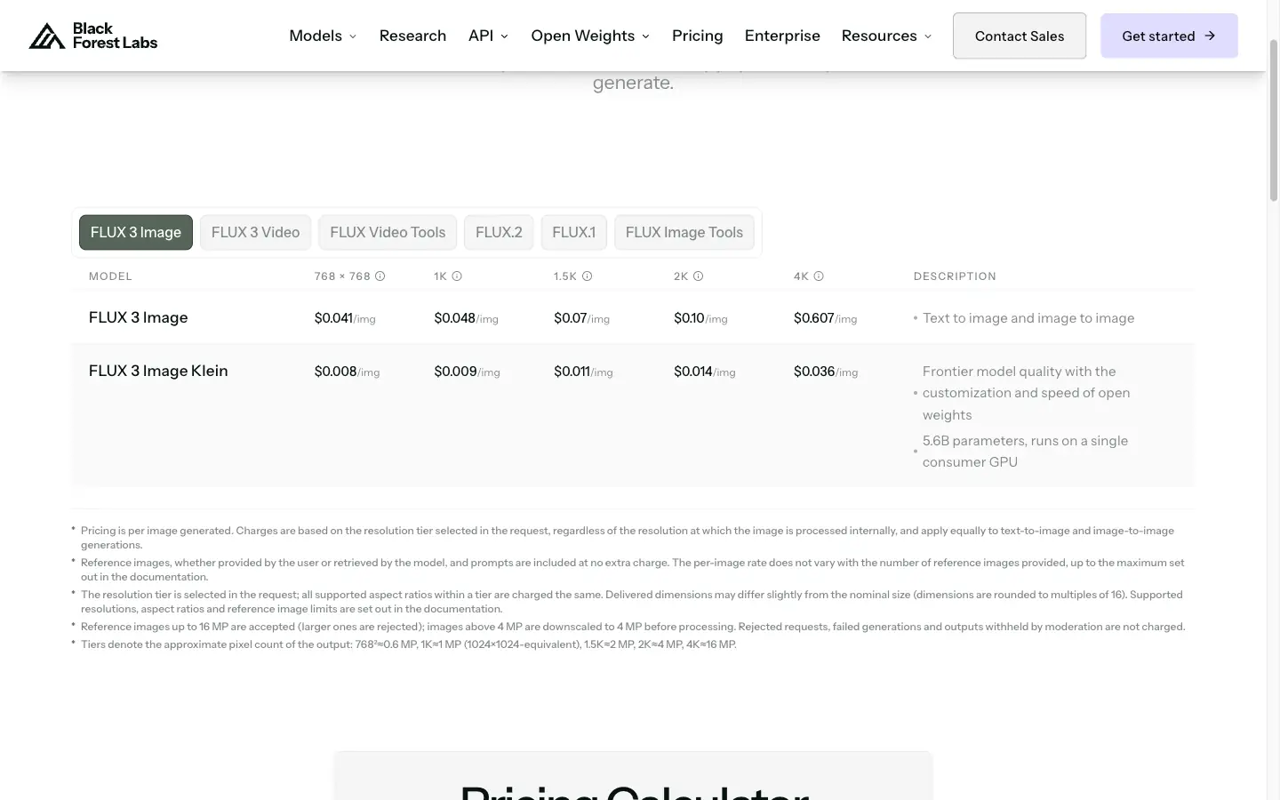 Official FLUX 3 Image API pricing by output size