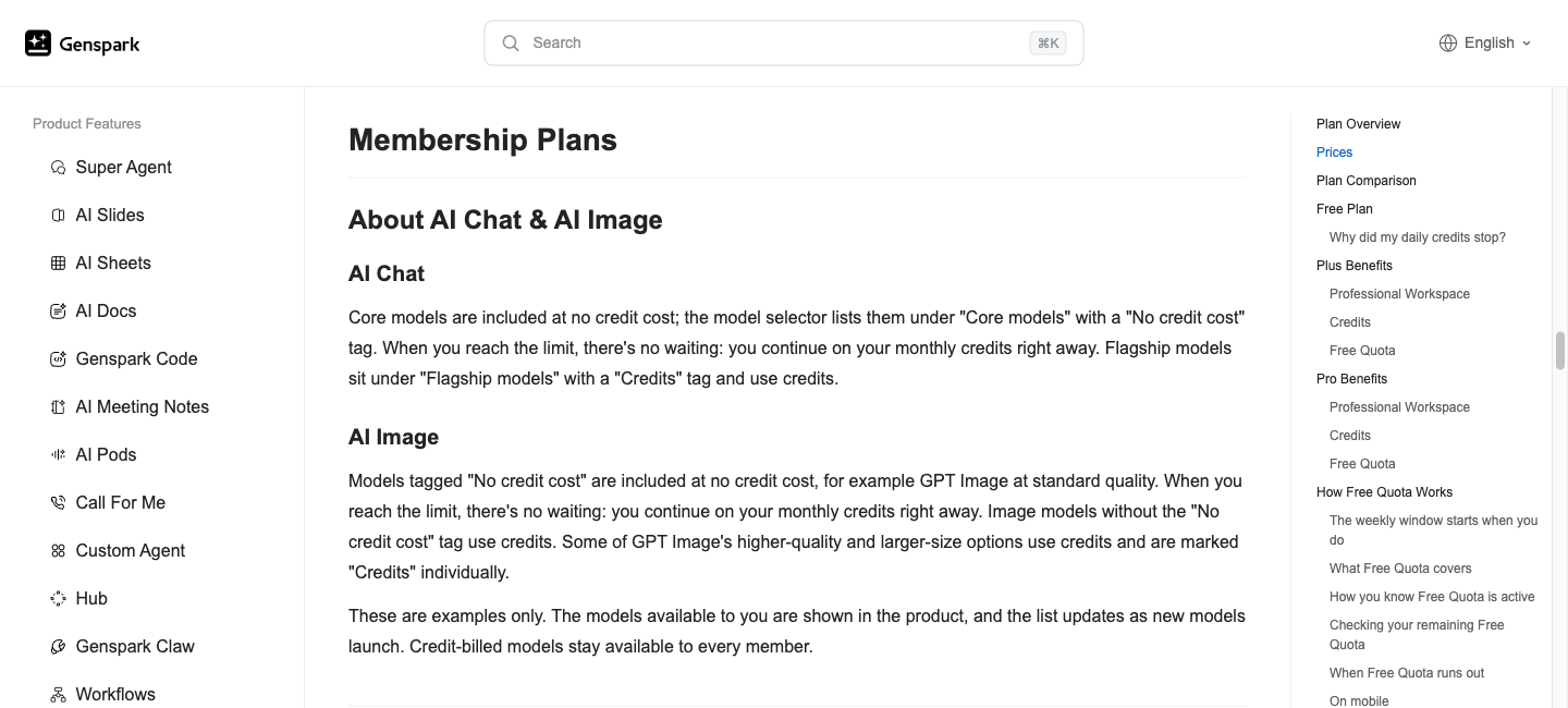 Genspark AI Chat and AI Image rules separating no-credit-cost core models from credit-billed flagship models
