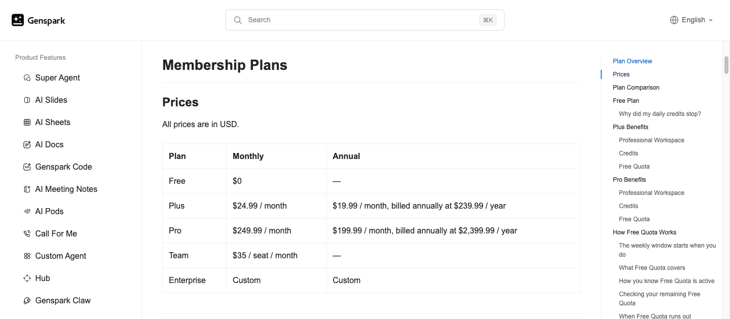Genspark official Free, Plus, Pro and Team subscription prices in USD