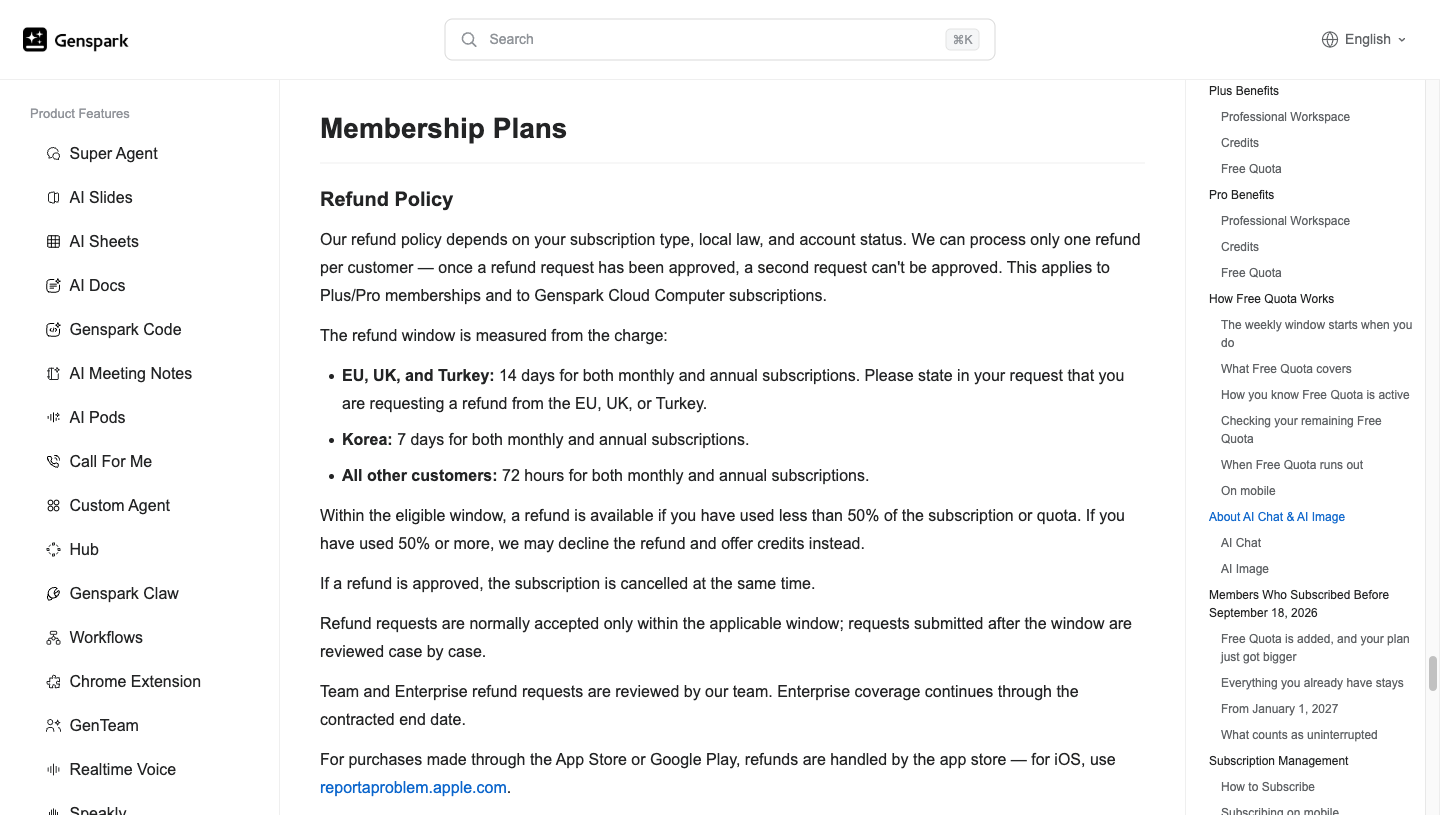 Genspark personal subscription refund policy with regional request windows and usage conditions
