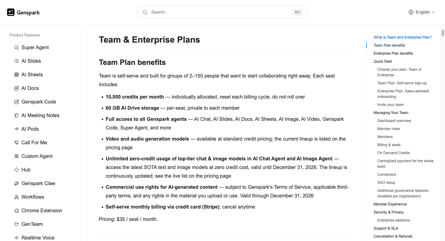 Genspark Team per-seat subscription benefits and time-limited zero-credit chat and image promotion