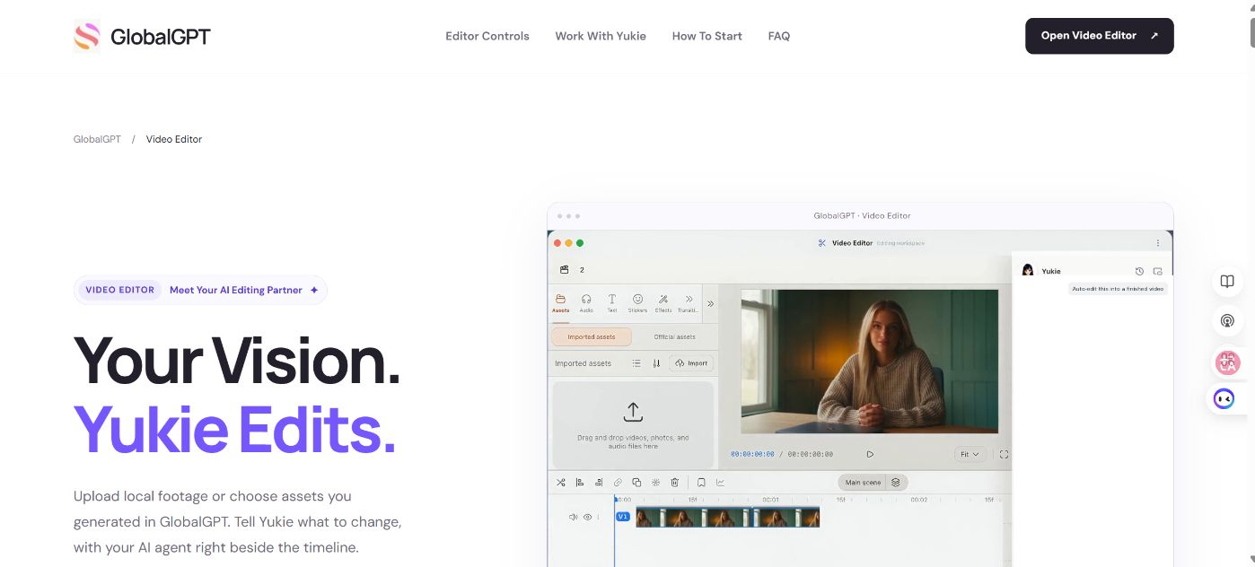 GLBGPT Video Editor พร้อม Yukie อยู่ข้างไทม์ไลน์แบบภาพ.