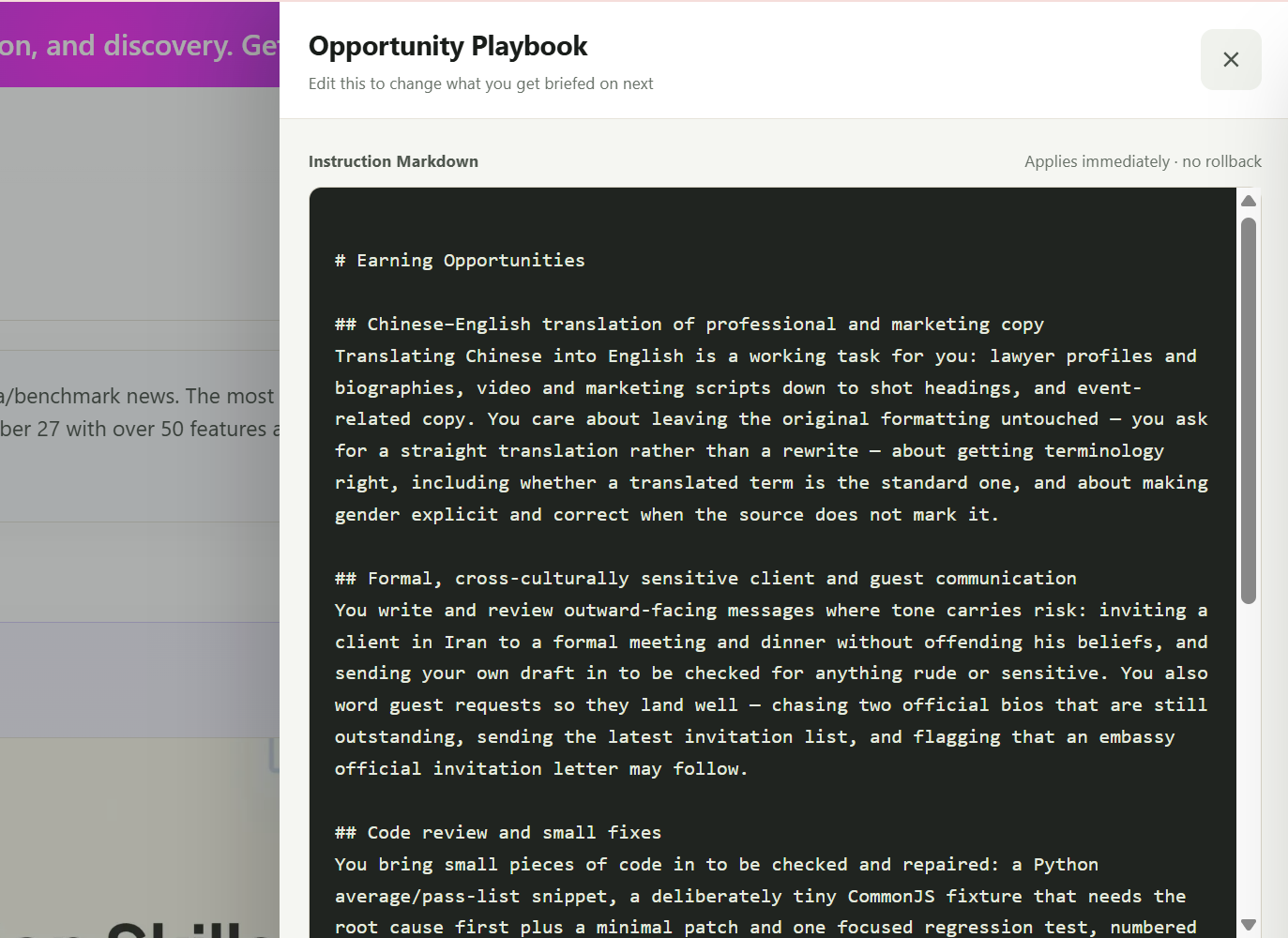 GlobalGPT AI RSS Opportunity Playbook editor with editable instruction markdown