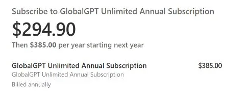 GlobalGPT 無制限年間サブスクリプションの見積書(初回支払い額および更新料を含む)