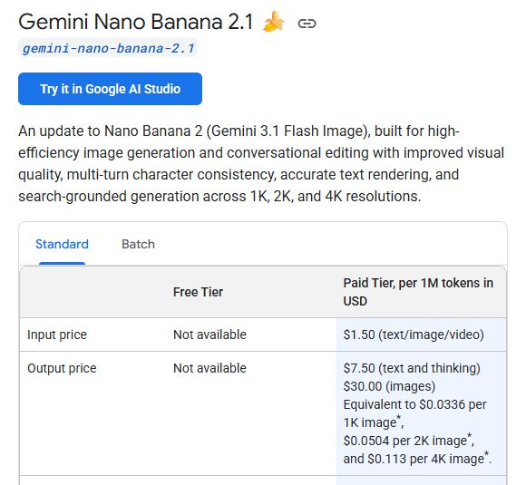 Google's standard API pricing for Nano Banana 2.1, with separate input, text output, and image output rates