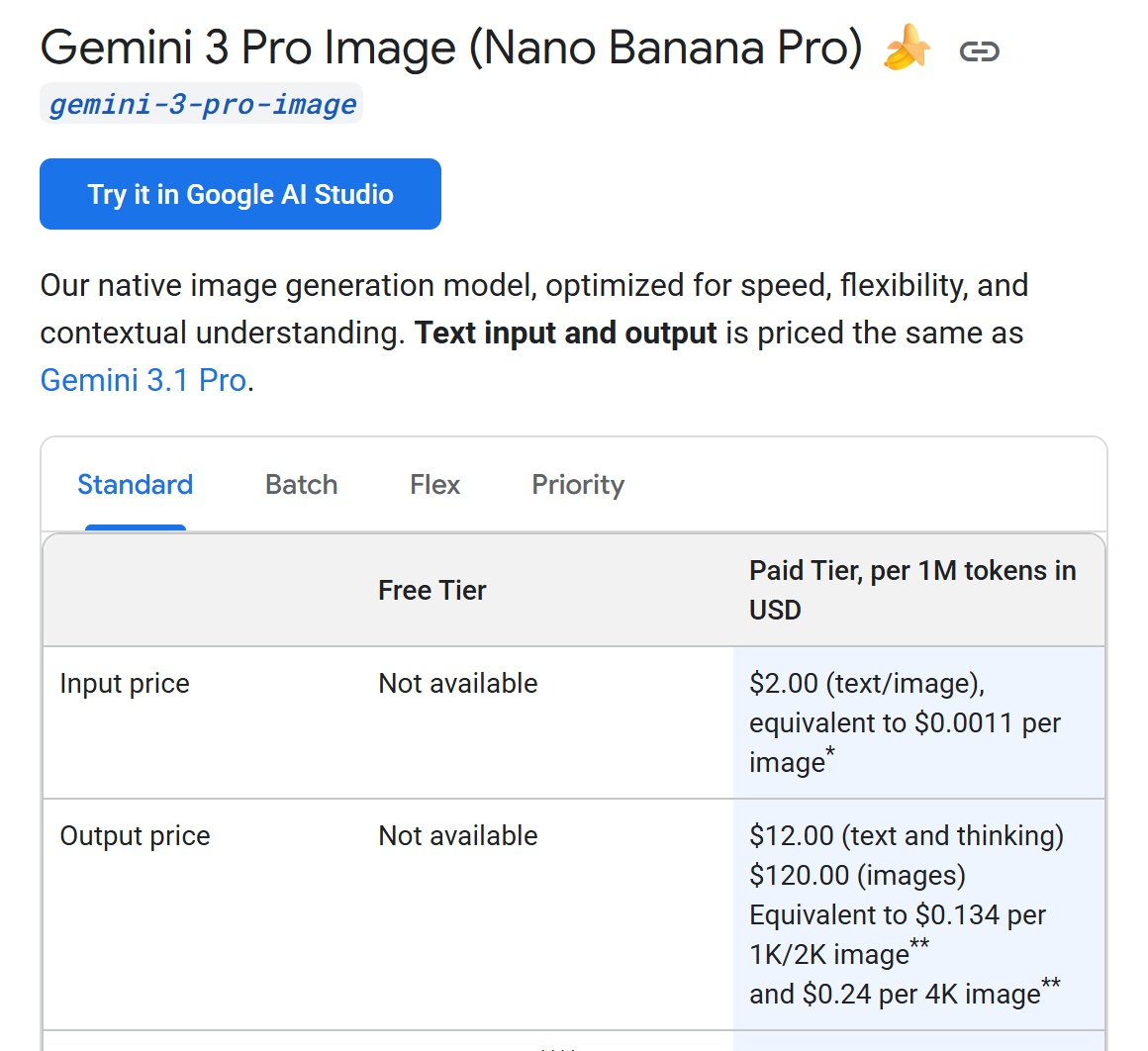 Google's standard API pricing for Gemini 3 Pro Image, also called Nano Banana Pro