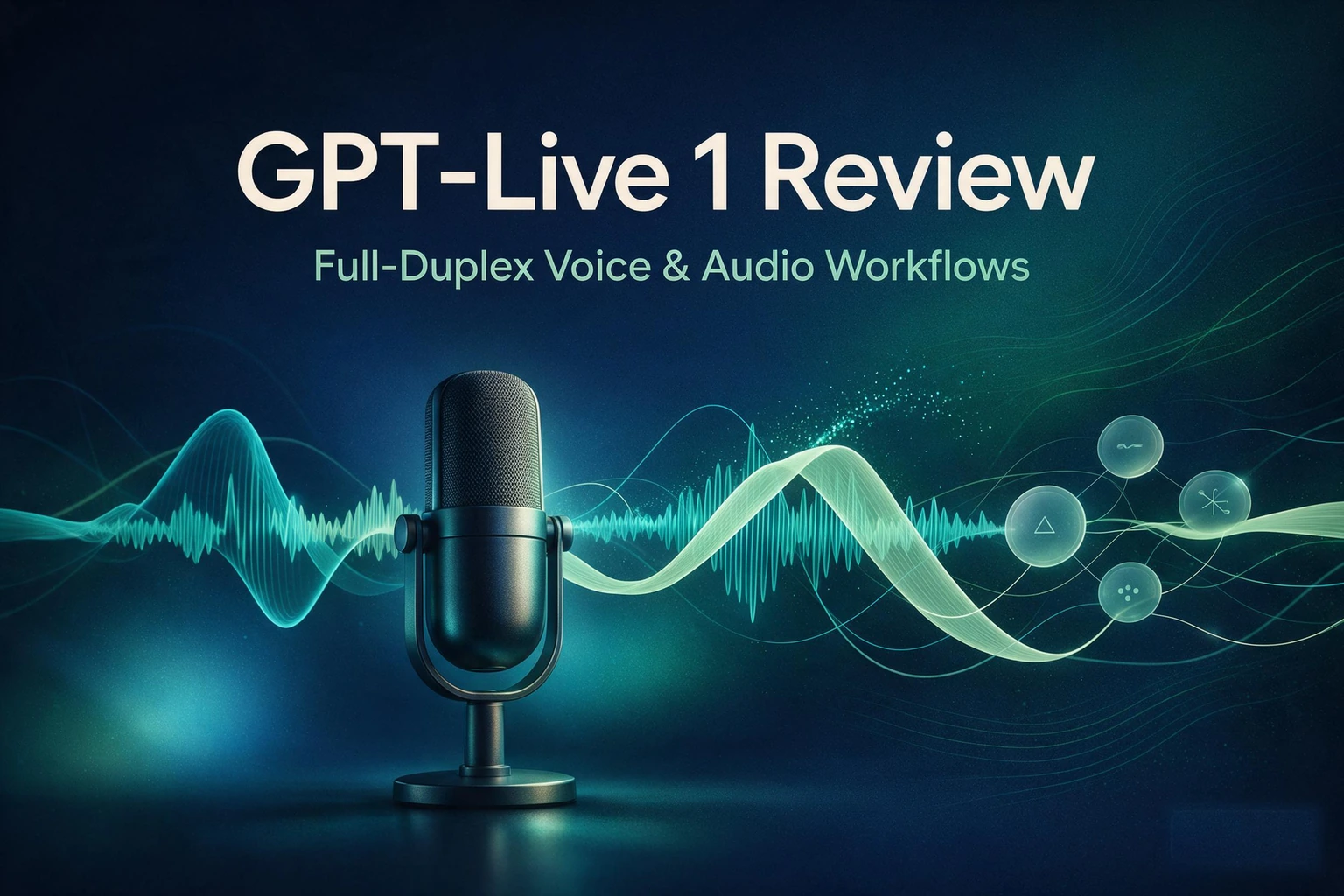 GPT-Live 1 리뷰: 겹쳐진 음성 파형, 마이크, 추상적인 백엔드 연결이 포함된 편집용 일러스트레이션