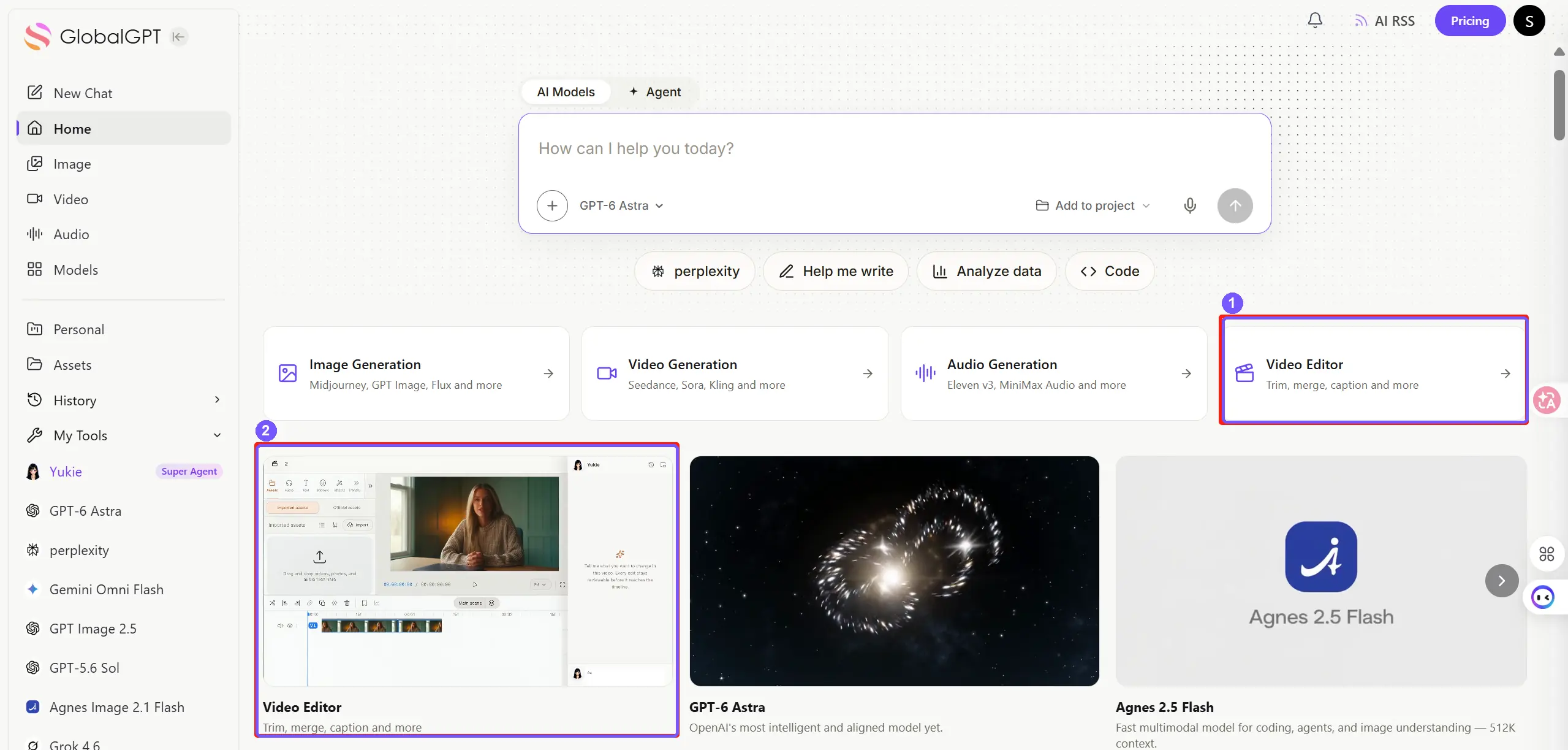 Homepage di GlobalGPT con due accessi a Video Editor contrassegnati per il tutorial