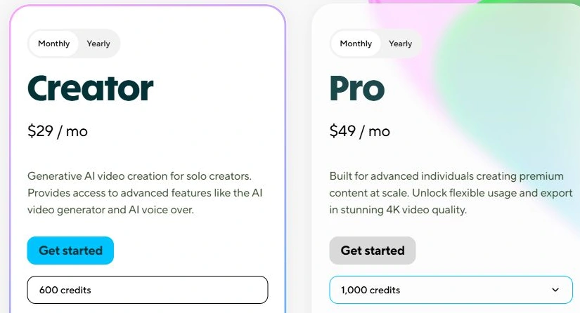 HeyGen official monthly pricing: Creator at $29 per month and Pro at $49 per month with Monthly selected