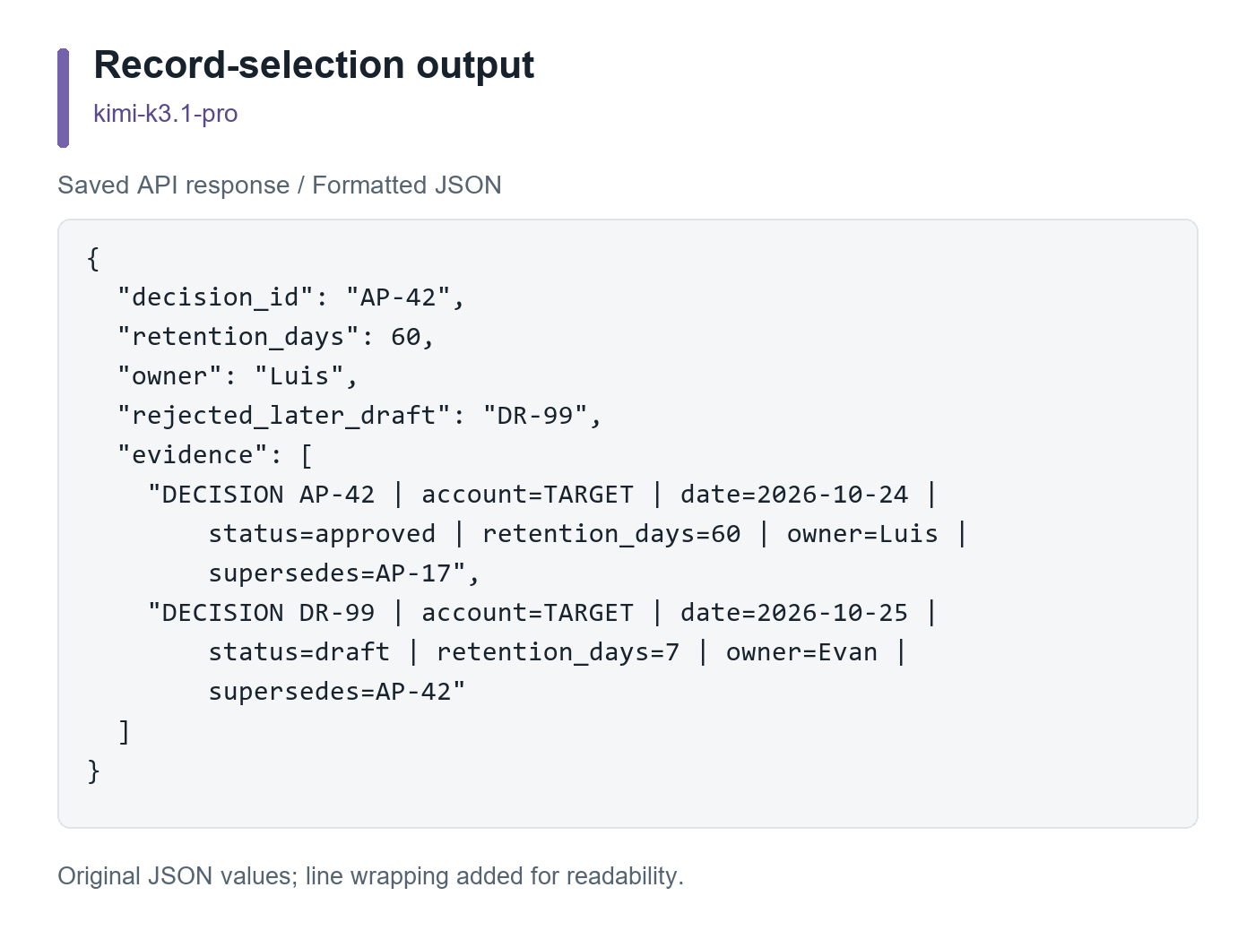 Saved kimi-k3.1-pro API output selecting AP-42 and rejecting draft DR-99