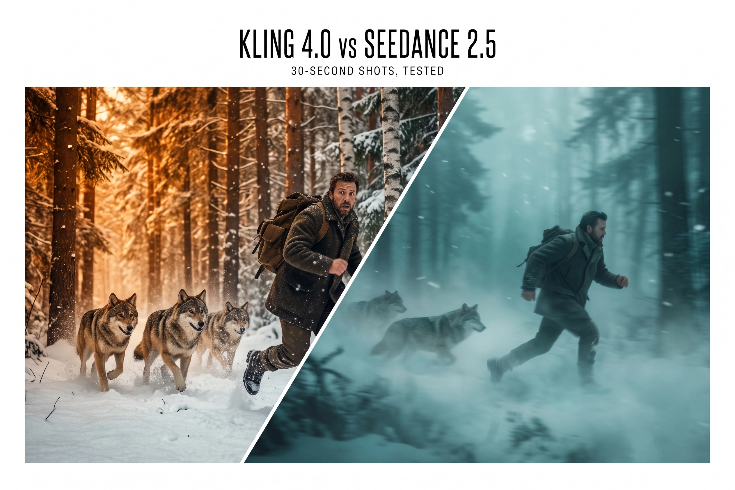 Kling 4.0 im Vergleich zu Seedance 2.5 – Titelbild, das einen Jäger zeigt, der in einem filmreifen Wald von Wölfen verfolgt wird