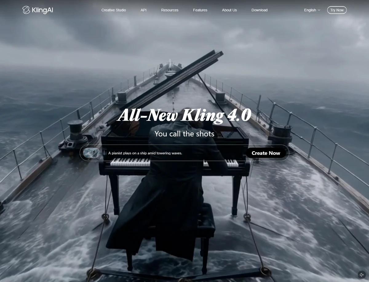 Kling AI official homepage announcing All-New Kling 4.0 above a cinematic piano-on-a-ship scene