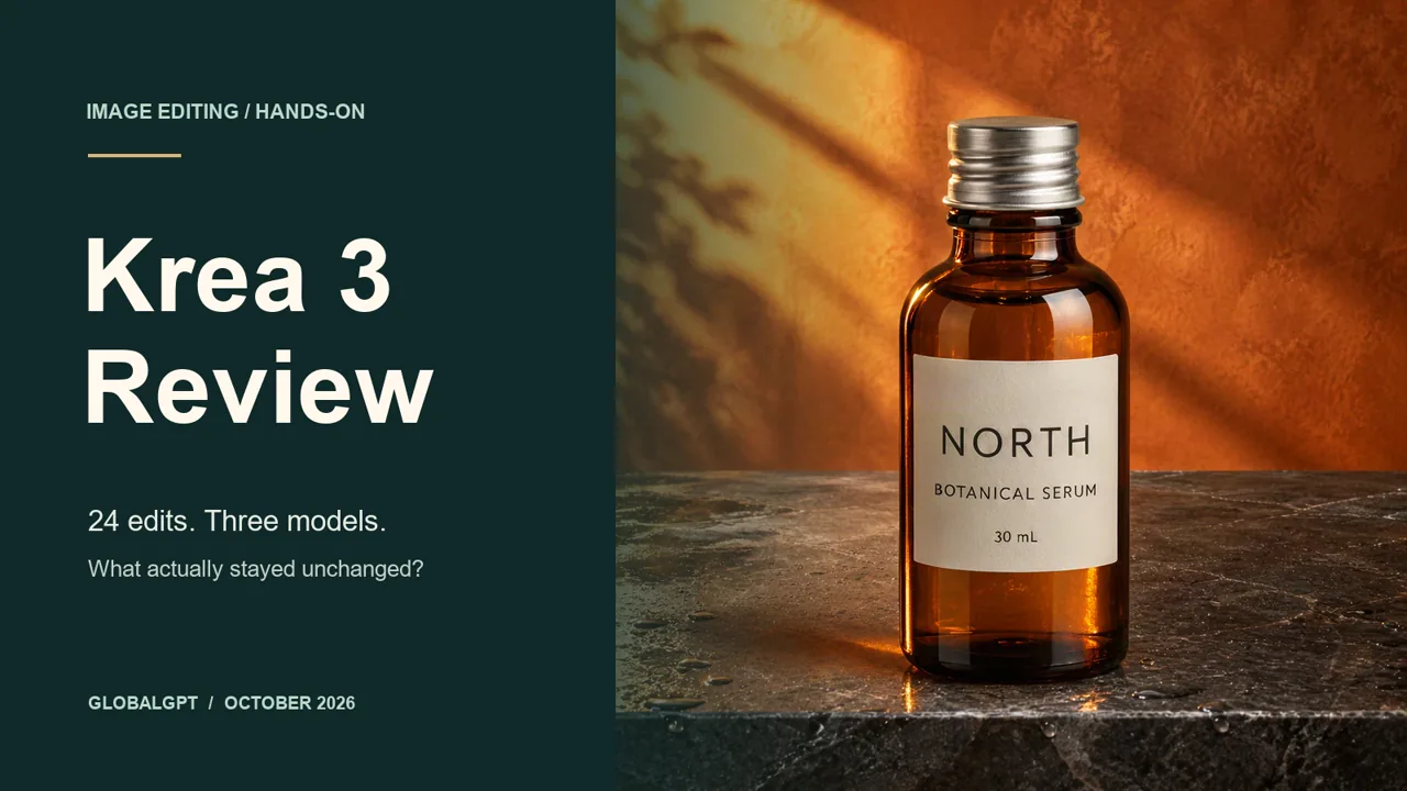 Krea 3 review cover featuring an amber bottle from a two-reference editing test