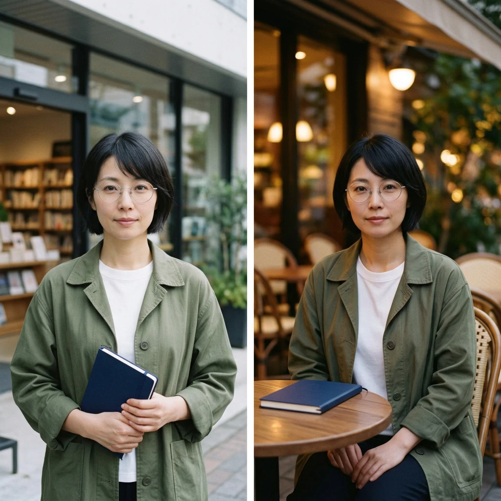 Nano Banana 2.1 two-panel scene with the reference person holding a navy notebook outside a bookstore and seated beside the notebook at a warm outdoor cafe