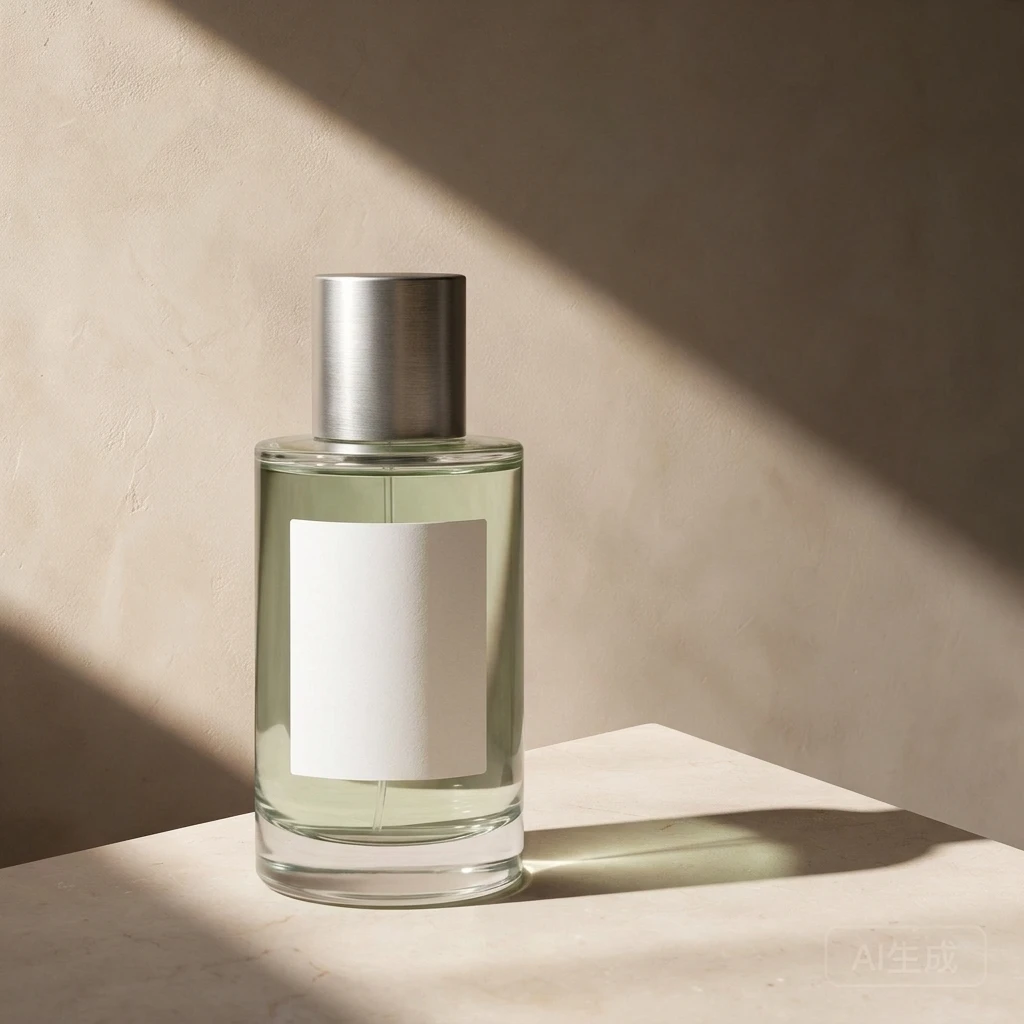 Nano Banana 2.1 two-reference advertisement with one blank-label perfume bottle left of center on the warm stone tabletop and a rightward shadow
