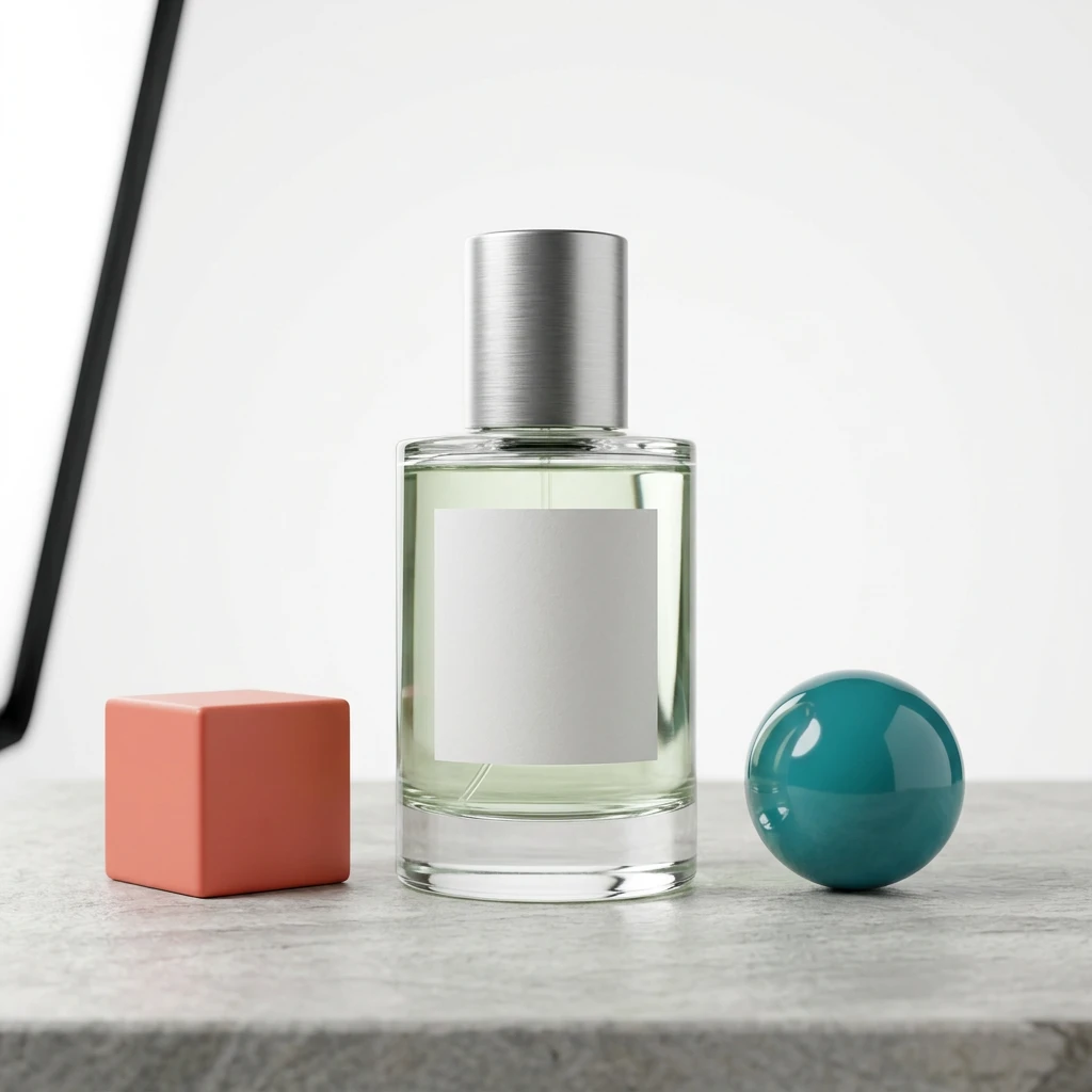 Nano Banana 2.1 product photo with coral cube left, perfume bottle center, teal sphere right, and an unwanted softbox edge at left