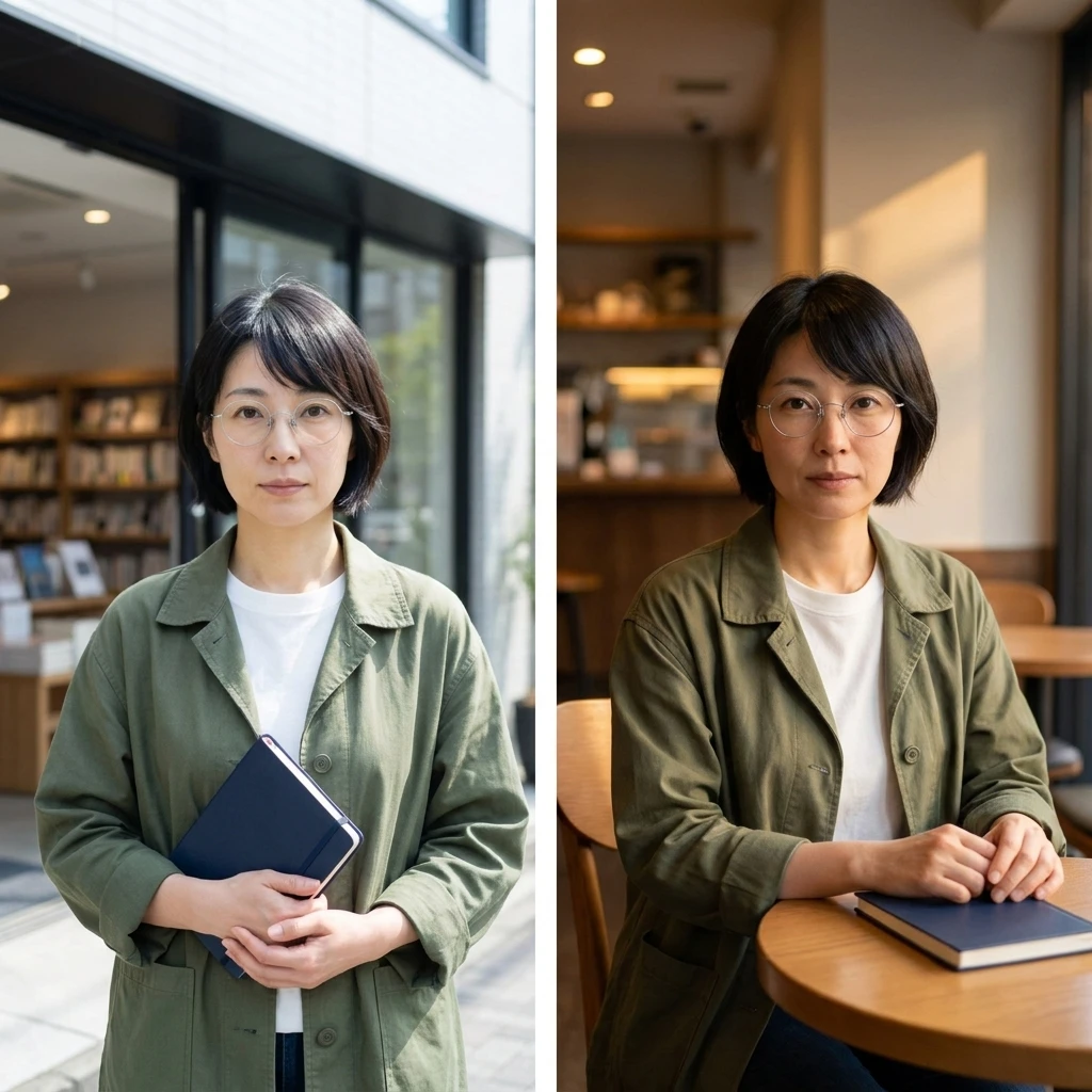 Nano Banana Pro two-panel scene with the reference person outside a bookstore holding a notebook and seated at a warm indoor cafe with the notebook on the table