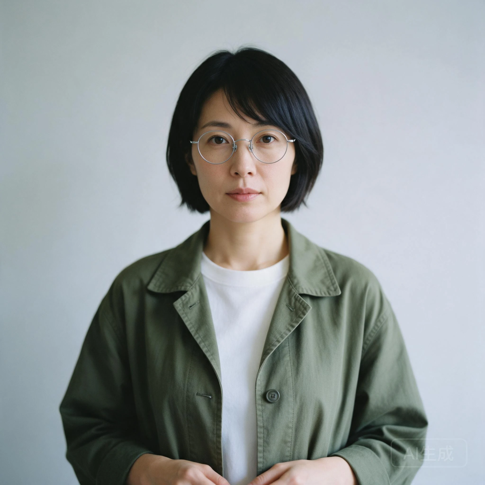 Shared original portrait of a fictional adult with a black bob, thin silver round glasses, an olive jacket, and a plain white shirt