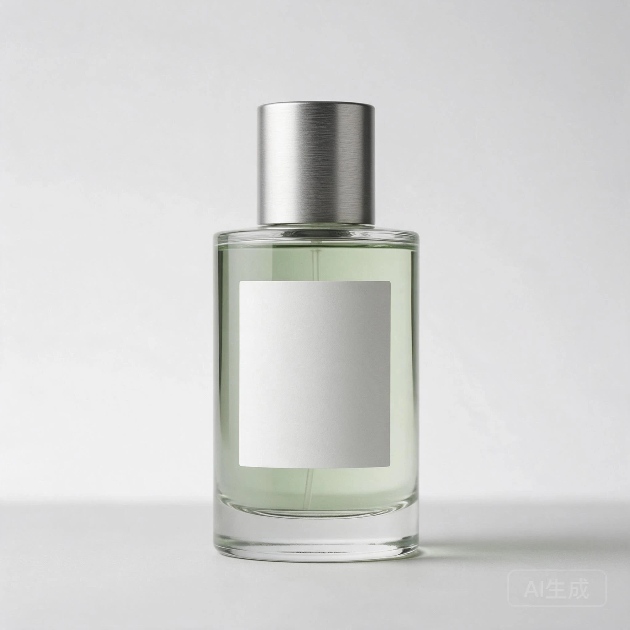 Original synthetic perfume-bottle reference with a blank white label and a faint source-generation mark at lower right
