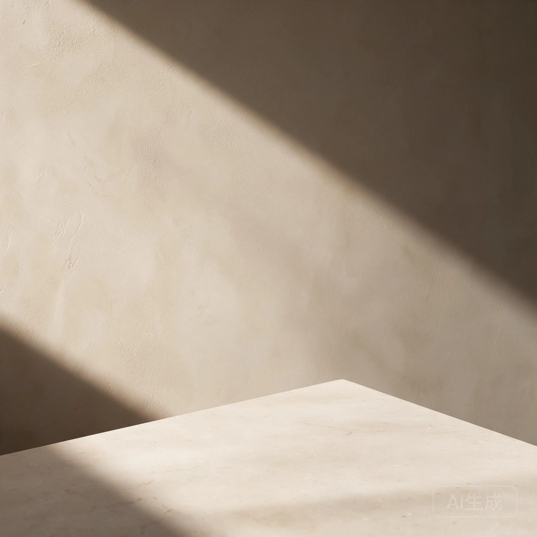 Original empty warm stone tabletop and sand-colored wall with a diagonal upper-left sunlight pattern and a faint source mark at lower right