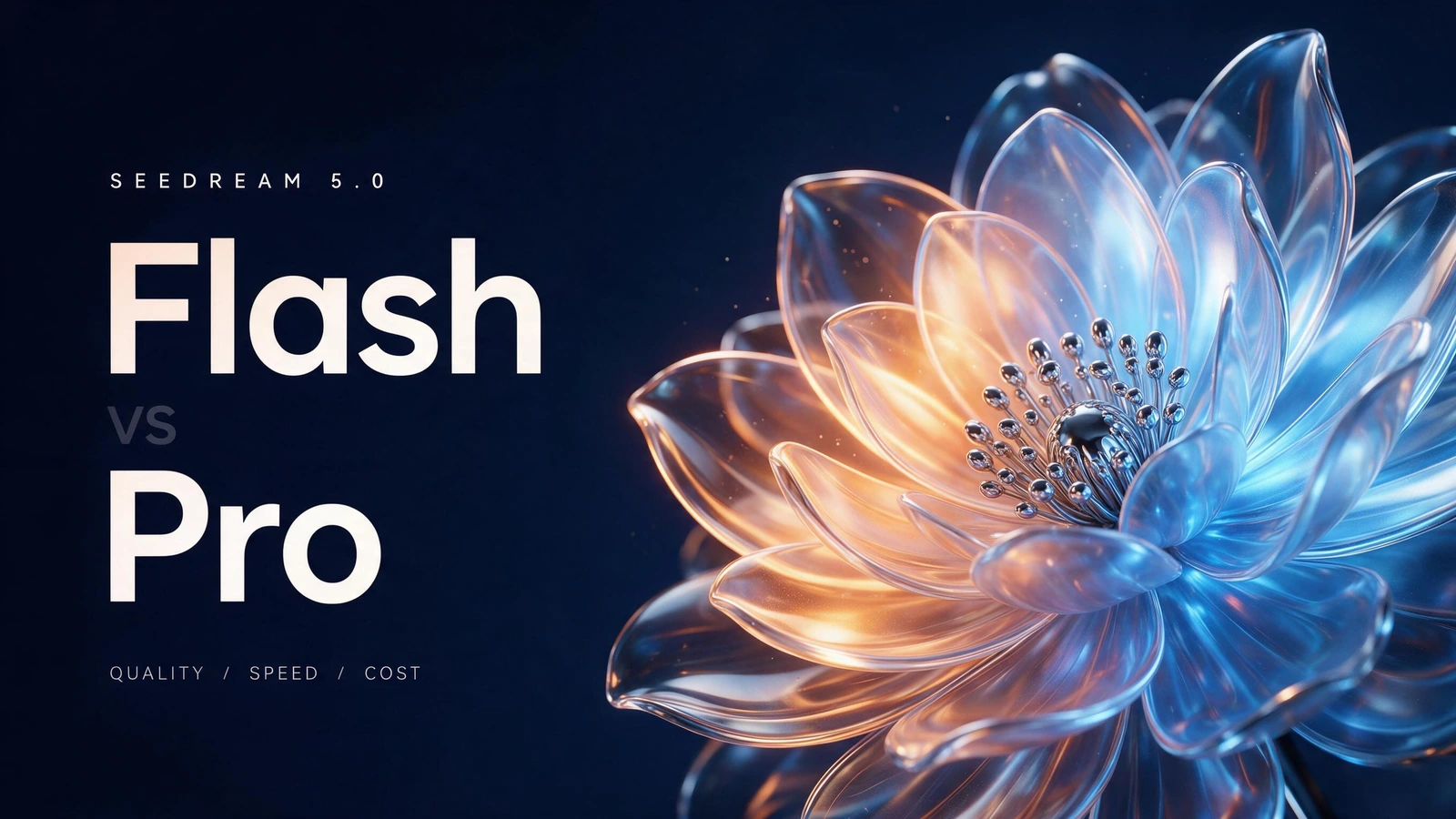 Seedream 5.0 Flash vs Pro-Hülle mit einer bernsteinfarbenen und blauen Glasblume auf dunklem Hintergrund