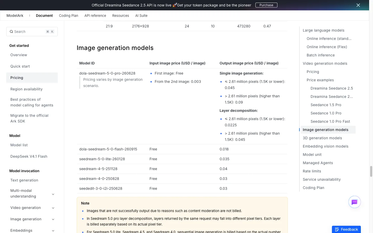 Official BytePlus Seedream Flash, Lite and Pro price table