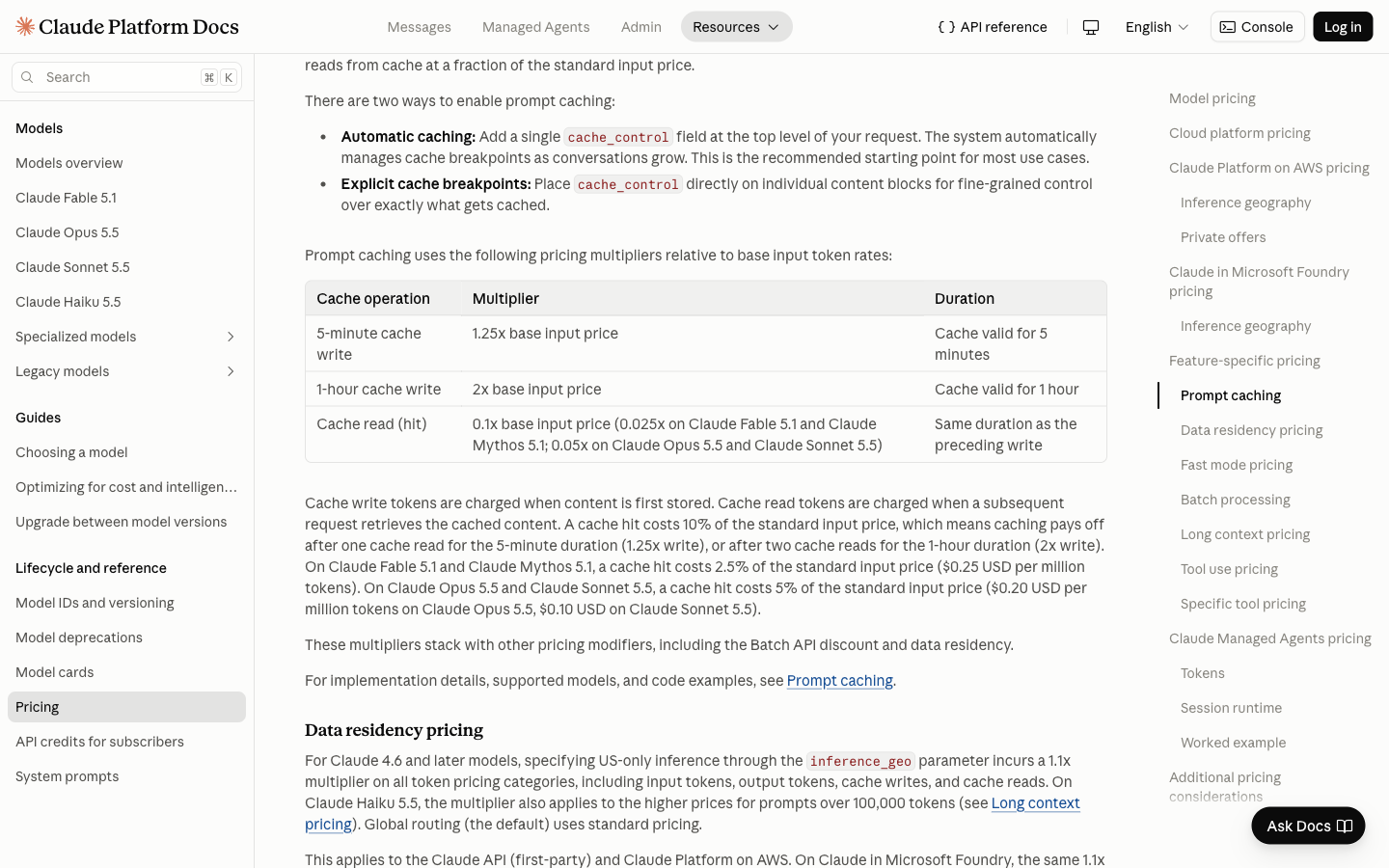 Claude Platform prompt caching price table showing Sonnet 5.5 cache reads at $0.10 per million tokens.