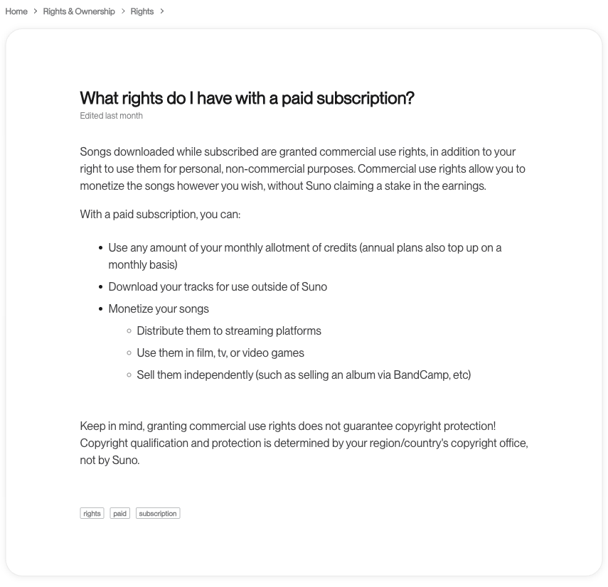 Suno paid-subscription rights explaining commercial use for songs downloaded while subscribed and the copyright-protection distinction