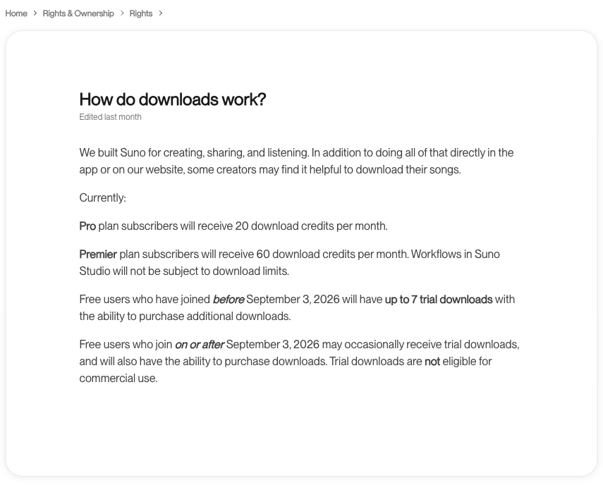 Suno download rules listing 20 monthly downloads for Pro, 60 for Premier and a Suno Studio workflow exception