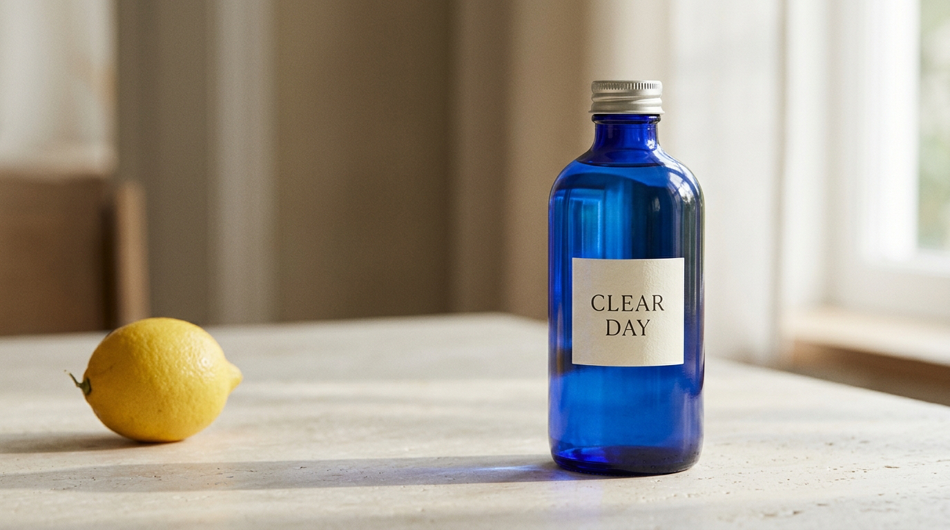 Nano Banana 2.1 generated a blue bottle labeled CLEAR DAY with a lemon on a light stone desk.
