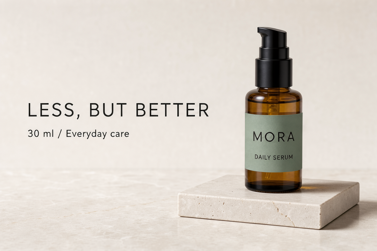 Reference edit changing the MORA bottle label to sage green while keeping the ad wording