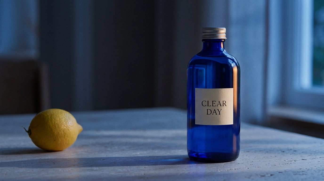 The same blue bottle and CLEAR DAY label in a cooler blue-hour scene after a reference-image edit.