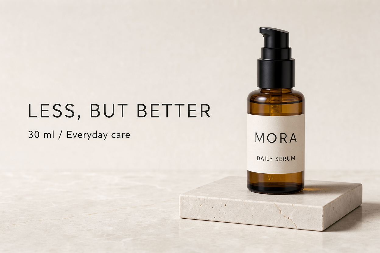FLUX 3 Image skincare ad with amber MORA bottle and the headline LESS, BUT BETTER