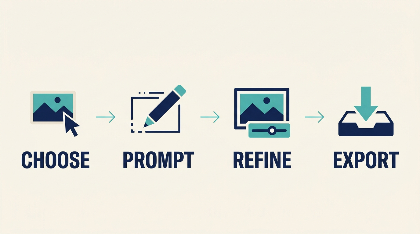 Four-panel AI workflow graphic labeled CHOOSE, PROMPT, REFINE and EXPORT.