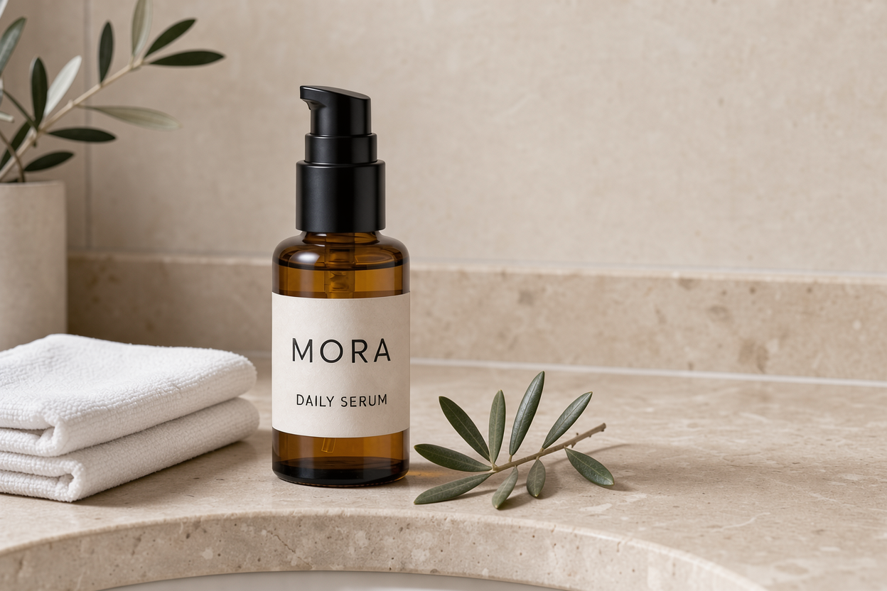 MORA bottle in a travertine bathroom setting with a towel and olive foliage
