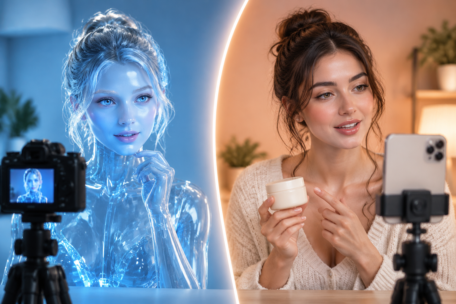 A synthetic glass avatar and a fictional human creator filming a product video.