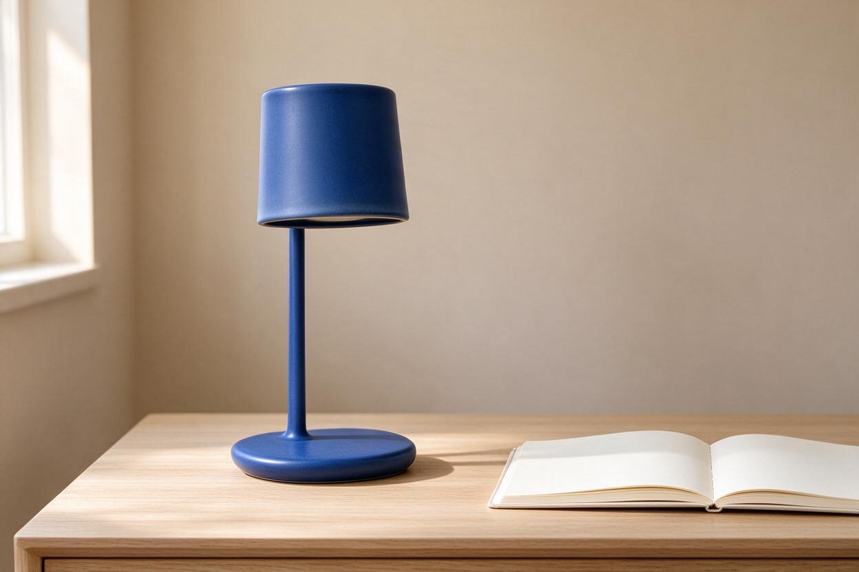Seedream 5.0 Flash product image of a blue ceramic lamp