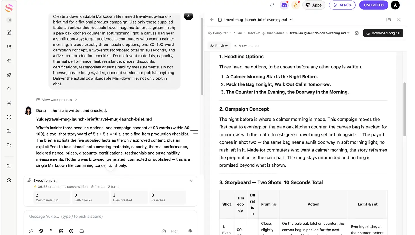 Yukie conversation beside the revised travel mug launch brief, with headline options and campaign concept