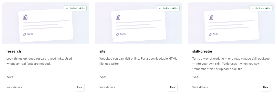Research, site, and skill-creator cards in the Yukie built-in Skills directory