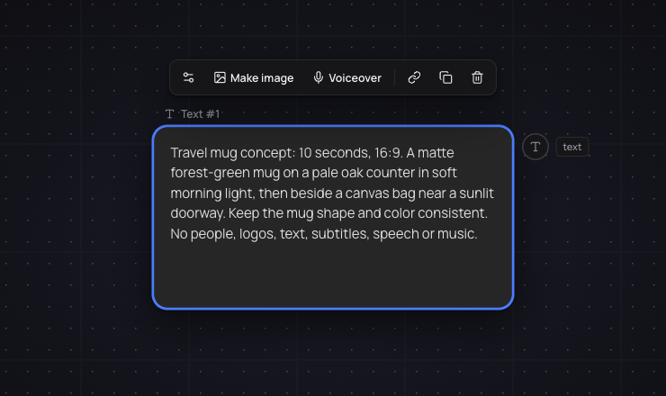 A Canvas text node with an English travel mug video brief and Make image and Voiceover shortcut controls