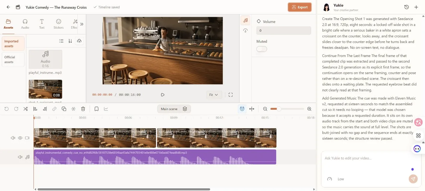 Area di lavoro completa per l’editing GlobalGPT con una forma d’onda musicale viola sotto due clip relative alla pasticceria, le proprietà audio e il riassunto di Yukie
