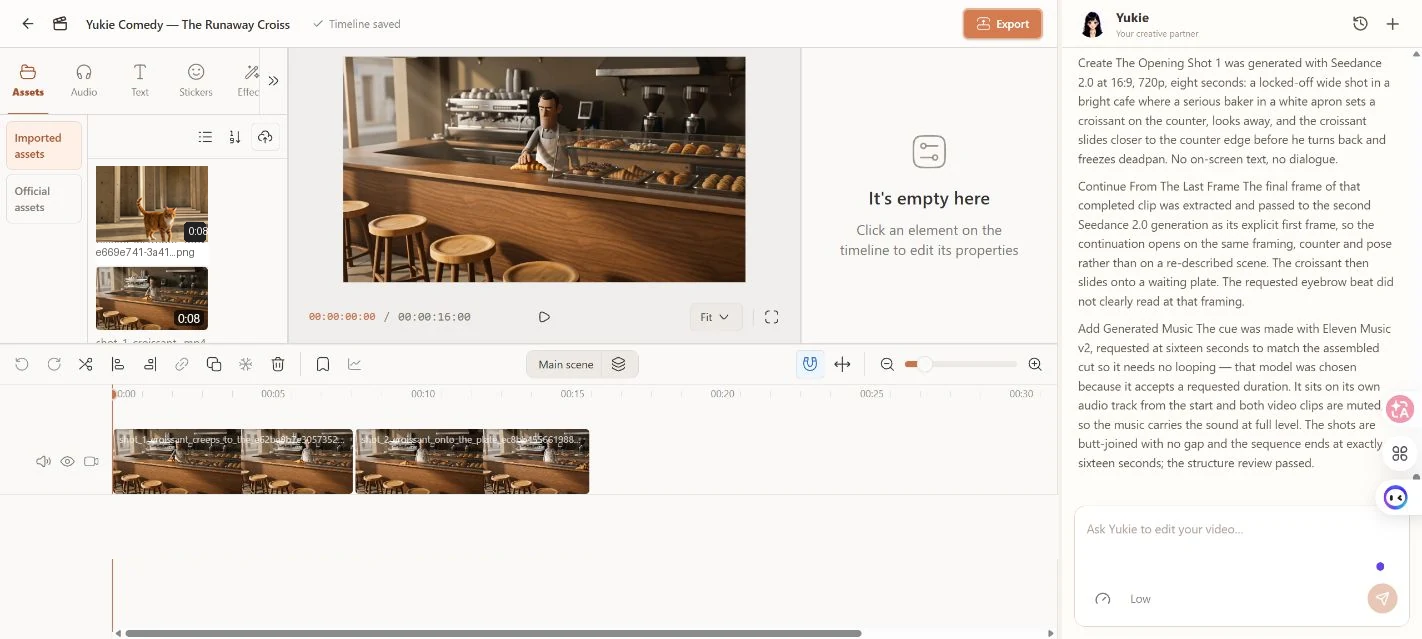 Video editor completo GlobalGPT che mostra le risorse relative alla panetteria, l'anteprima, due clip video affiancate e la sintesi del flusso di lavoro di Yukie